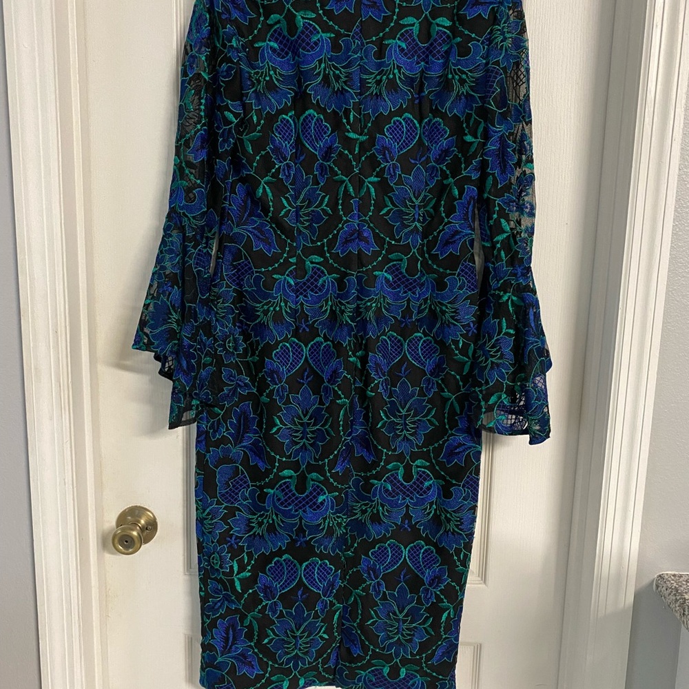 Carmen Marc Valvo Blue and Green Long Sleeve Dress - Picture 7 of 8